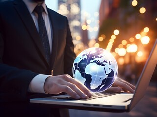 Businessperson hand holding laptop with globe icon Generative AI