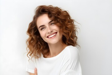 Happy young woman on a white wall isolated over white background Generative AI