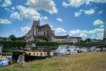 Auxerre, city in Burgundy, view of the river and the cathedral, from the harbor
