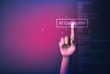 AI generator web code concept, human finger pushing  Ai generator button with web code blur on background.
