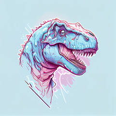 The head of a terrible tyrannosaurus rex with predatory eyes and an open mouth. Pop art logo. AI-generated digital art illustration in blue and pink.