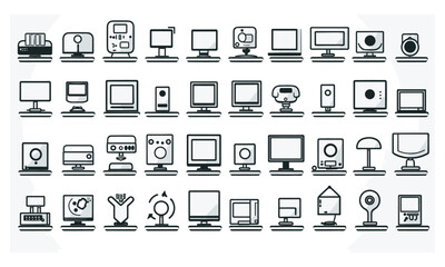 Set of technology and device line icons. Computers, electronics, gadgets, and electronic devices PC screens, cell phones, tablets, and PC symbol assortment