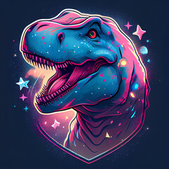 The head of a tyrannosaurus rex with an open mouth against the background of stars. Space logo in pop art style. Digital art illustration created by AI.