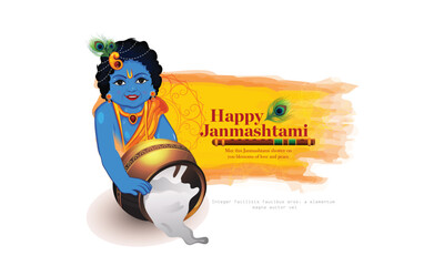 Beautiful Illustration of Dahi Handi, Traditional Poster Design for Hindu Festival festival background of India with text
 in Hindi meaning Shri Krishan Janmashtami