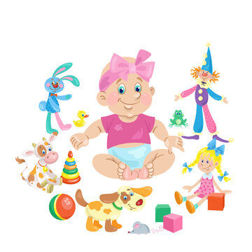 Cute baby girl sits surrounded by her favorite toys. In cartoon style. Isolated on white background. Vector flat illustration.