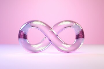 Holographic infinity symbol made of glass on pink background