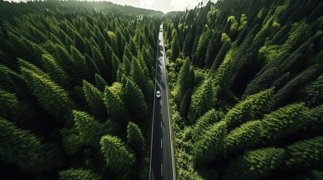 Aerial view of car journey through a forest road, drone eye perspective of a trip in green pine nature landscape