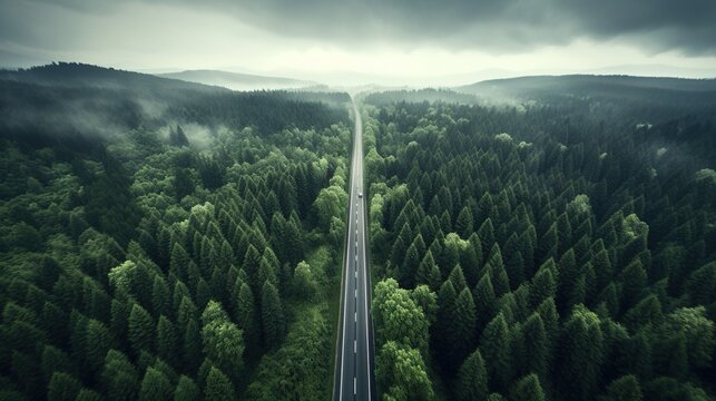 Aerial view of car journey through a forest road, drone eye perspective of a trip in green pine nature landscape