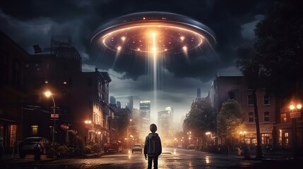 Back view of little boy looking at alien invasion, flying saucer in the sky above city, concept of evidence and sighting UFO