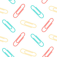 Seamless pattern of hand drawn scattered paper clips on isolated background. Education and office supplies, design for printing, scrapbooking, textile, home or office decor, paper craft. 