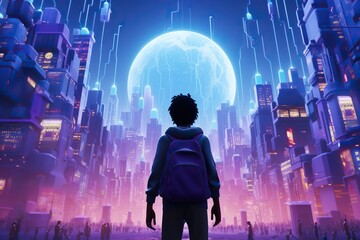 Teenage boy 3d avatar exploring neon metaverse city in virtual reality video game, modern futuristic gaming technology