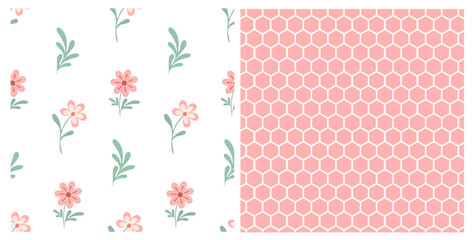 Set of seamless of hand drawn wild doodle flowers and honeycomb on isolated background. Design for mother’s day, Easter, springtime, summertime celebration, scrapbooking, home and nursery decor.