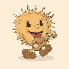 sun playing accoustic guitar mascot. funky summer sun mascot vintage illustration