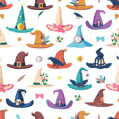 Enchanting Seamless Pattern Featuring Whimsical Magic Hats In A Whimsical Arrangement, Creating An Enchanting Design