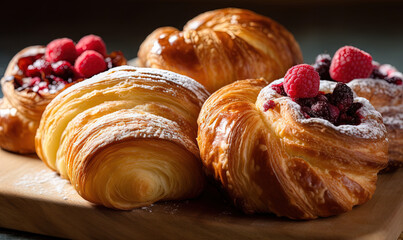  croissants with raspberries and powdered sugar on a cutting board.  generative ai