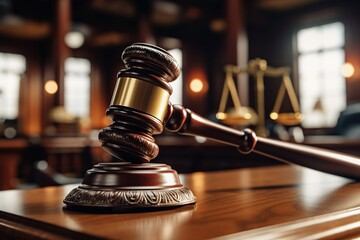 Close-up of gavel on judge desk, symbolizing court trial, justice and legal decisions in courtroom