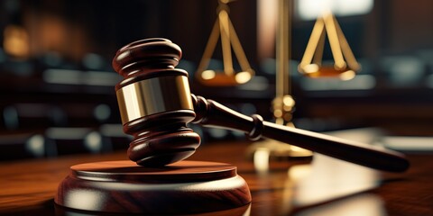 Gavel close up on judge desk in courtroom, highlighting law, justice, trial, attorney advice, and judicial decisions in criminal case