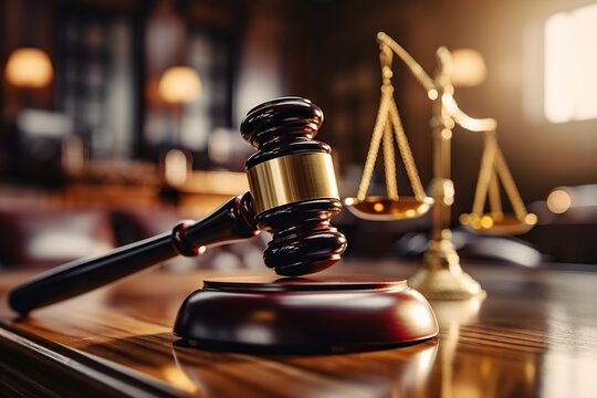 Close-up of gavel on judge desk, symbolizing court trial, justice and legal decisions in courtroom