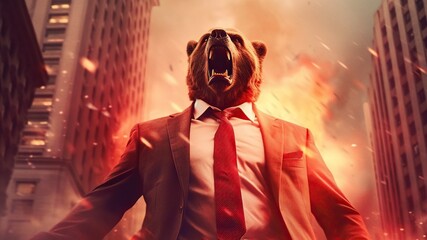Angry bear in suit with red tie on Wall Street, concept of falling stock market - obrazy, fototapety, plakaty