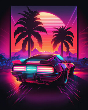 sport car drive fast at ocean miami beach.  80s. neon lights. Retro futuristic sci-fi, nostalgic 90s. Palm trees, speed. AI generated.
