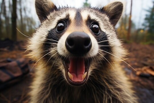 Portrait of shocked raccoon, fisheye effect