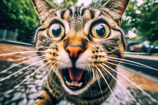 Portrait of shocked cat on the street