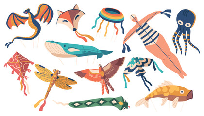 Fototapeta premium Vibrant Set Of Kites, Colorful And Diverse Kites, Perfect For Outdoor Fun And Soaring High In The Sky. Dragon, Jellyfish