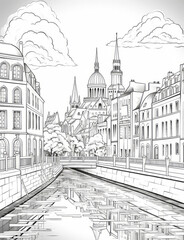 Black and white line art image of Paris landmarks for coloring