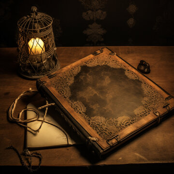 Still Life Old Book and Candle on a Wood Desk
