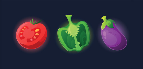 Cartoon Colorful Vegetable Icons. Tomato, Eggplant, And Bell Pepper with Glow. Perfect For Food-themed Games