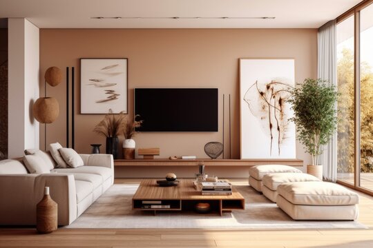 Modern interior japandi style design livingroom. Lighting and sunny scandinavian apartment with plaster and wood
