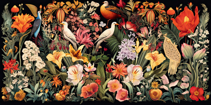 design Summer beautiful fantasy vintage wallpaper all tropical botanical flowers bunch,vintage motif for floral print digital background