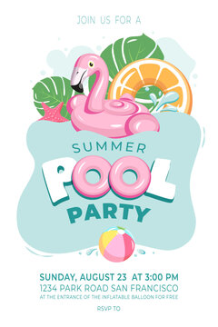Poster flyer invitation to the pool party to celebrate the holiday. Vector illustration.