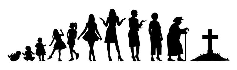 Vector illustration. Silhouette of growing up man from baby to old age. Many people of different ages in a row.