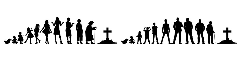 Vector illustration. Silhouette of growing up man from baby to old age. Many people of different ages in a row.