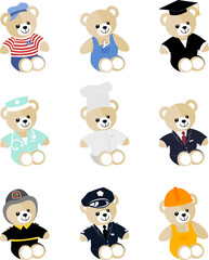Teddy bears dressed in the typical clothes of different professions, on PNG files