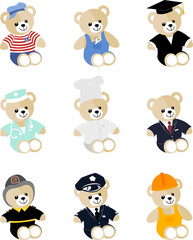Naklejka premium Teddy bears dressed in the typical clothes of different professions, on PNG files
