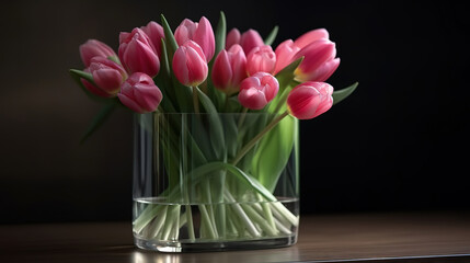 Pink tulips in glass vase. Generative Ai
