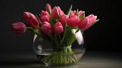 Bouquet of pink tulips in glass vase on white table. Spring holidays concept. Generative Ai