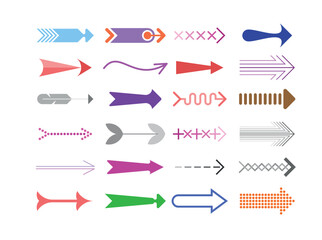 Arrows vector icon set. Large bundle of decorative colored design elements isolated on a white background. Each one of the design element created on a separate layer.