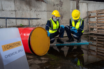 Two officers wearing gas masks inspected the area of a chemical leak in an industrial warehouse to assess the damage. Technicians wearing gas masks inspect and assess the recovery of toxic spills.