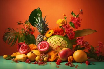 Composition of fresh fruits and flowers on red background. Generative AI.