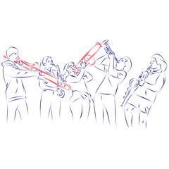 Continuous line drawing of young women and men playing the trombones, trumpet and saxophones in a brass band, isolated on white. Hand drawn, vector illustration