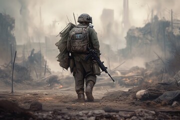 Marine Corps soldier in action during a tactical operation on a mission. Generative AI. - obrazy, fototapety, plakaty