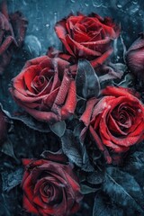 Roses in the ice. Petals of beautiful flowers covered with frost. Vintage winter background, macro image.  Christmas artistic image