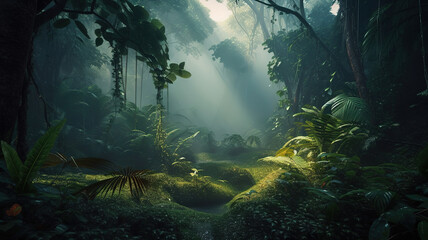 Exotic foggy forest jungle panorama forest oasis foggy dark forest natural. Generative Ai