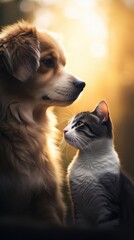 Obraz na płótnie Canvas A cat and a dog together. The concept of friendship between different species. Generative AI