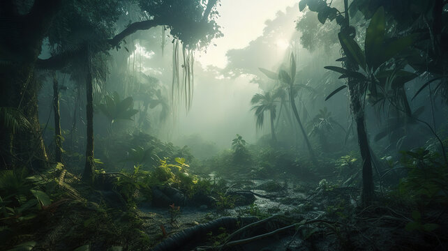 Mysterious misty woods. Panoramic jungle oasis. Dark natural landscape. Generative Ai © Mukhlesur