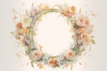 Fototapeta na wymiar Wreath of flowers. Watercolor painting. PGreeting card with flowers. Can be used as an invitation card for wedding, birthday and other holiday and summer background
