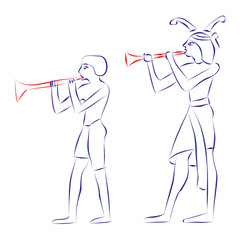 Continuous line drawing of young men playing early trumpets in ancient Egypt, isolated on white. Hand drawn, vector illustration